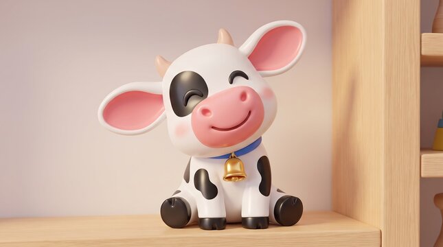 Adorable 3D cow figurine with gold bell, cute spotted heifer toy on wooden shelf, nursery decor cow character for children