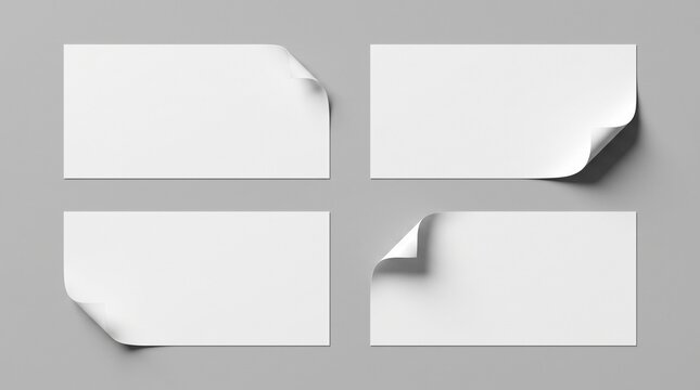 Four white rectangular paper cards with curled corners on grey background