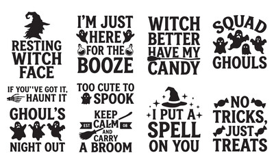 Obraz premium A collection of black and white halloween typography featuring witch hats, ghosts, brooms, candy, and funny holiday quotes for apparel, party decorations, and craft projects