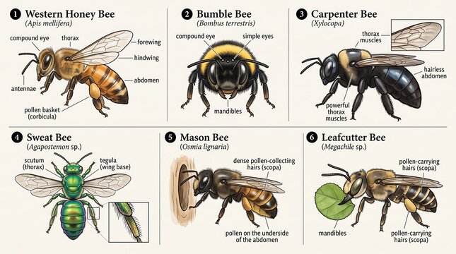 Scientific bee identification chart with 6 species, vintage biological anatomy illustration, educational insect diagram for nature study