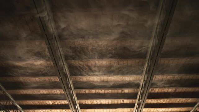 Hazy smoke clouds illuminated by overhead lighting in dark interior, abstract industrial atmosphere and air pollution concept, 4K