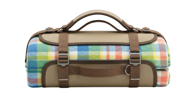 Rolled picnic blanket with a colorful plaid pattern and brown carrying straps isolated on a white background transparent background