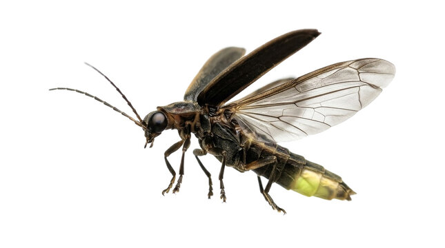 Detailed firefly beetle with spreading wings hovering in side profile view isolated on transparent background