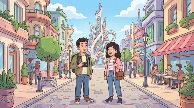 Illustration of a young tourist couple exploring a beautiful futuristic city street with colorful buildings and cafes