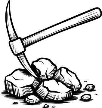 Mining pickaxe and stones sketch vector illustration, vintage mining tool drawing isolated on white background