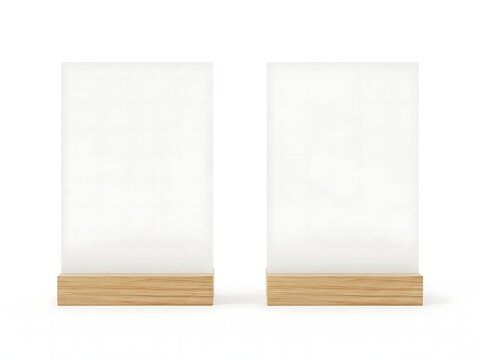 Two vertical empty acrylic table sign holders with natural wooden base stands for display and menus