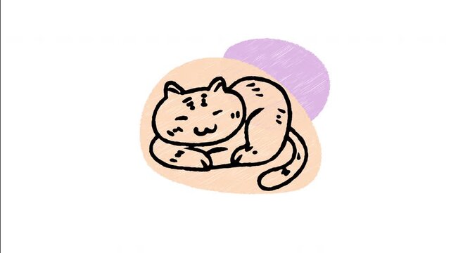 An animated hand-drawn ginger tabby cat curled up asleep peacefully. Ideal for cat care, feline welfare, cozy pet products, veterinary clinics, and sleeping domestic animals. 
