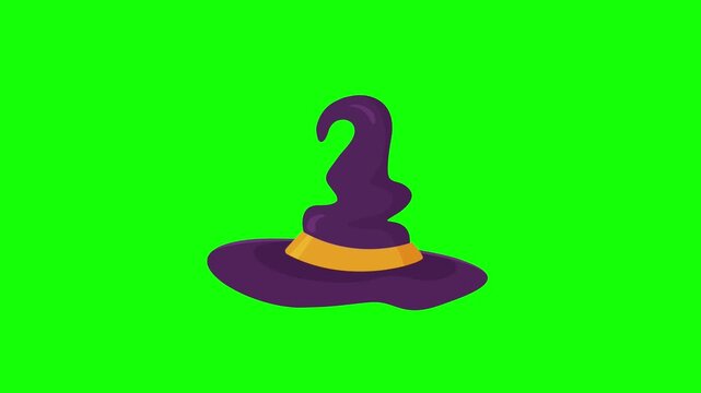 Purple witch hat with orange band isolated on green screen for easy chroma key compositing