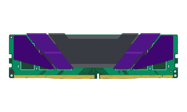 Modern desktop computer ram memory module with heat spreader and circuit board on white background, hardware technology concept