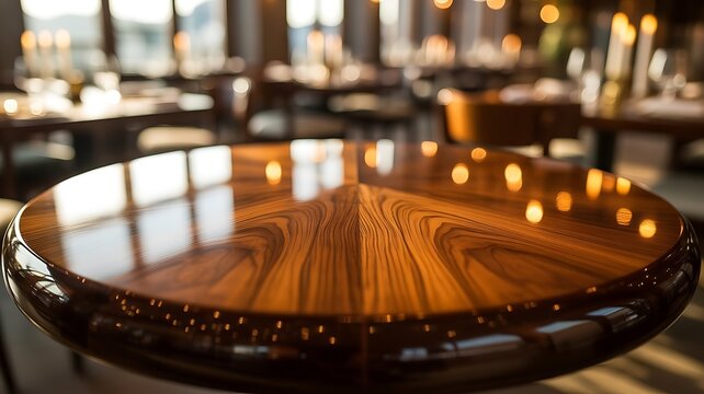 Polished round wooden table surface with natural grain patterns reflecting warm ambient light in a blurred restaurant dining room interior
