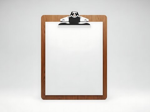 A wooden clipboard with a blank white paper sheet for notes and office work on a simple surface