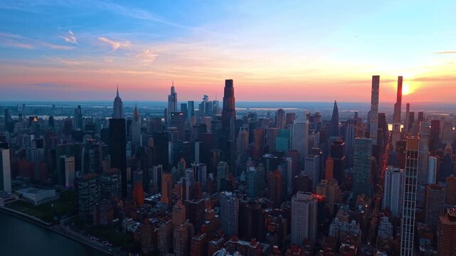 Distancing from the dense skyline of Manhattan at sunset. Beautiful setting sun in the sky in the backdrop.