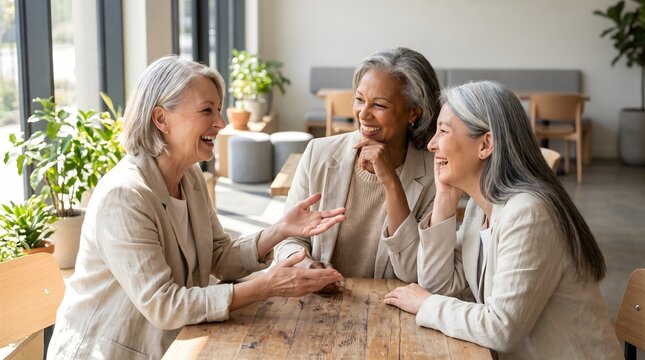 Three mature women enjoying a relaxed conversation at a modern cafe, representing friendship, active aging, social connection, wellness and mature lifestyle.