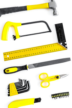 building, painting and repair tools for house constructor work place set white background top view pattern