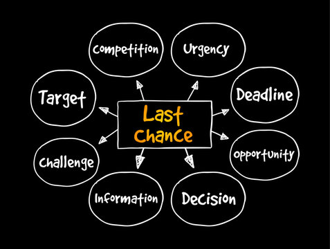 Last Chance word diagram with surrounding circles showing competition, urgency, deadline, opportunity, decision, information, challenge and target concepts.