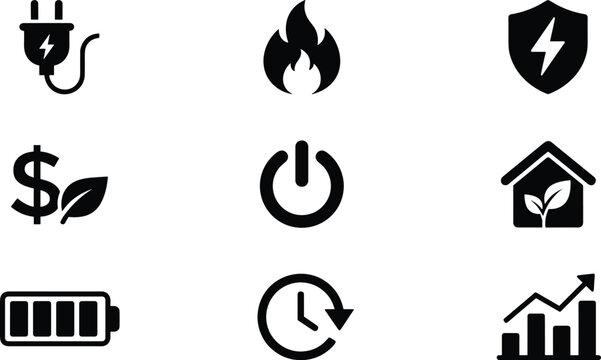 Green energy saving and smart home power efficiency icons set featuring electric plug fire flame shield battery dollar leaf and growth chart vector glyph