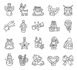 Fototapeta premium Christmas set featuring angel reindeer sleigh holly drum shooting star tree cracker gifts lollipop pudding ornament candles santa claus snowman