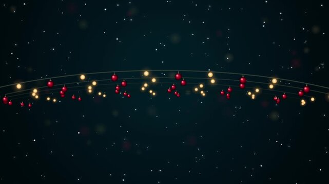 Christmas string lights with red ornaments and glowing bokeh particles background, holiday
