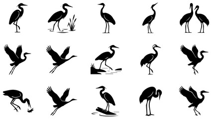 Naklejka premium Set of black silhouette icons of herons and cranes standing and flying in various natural postures