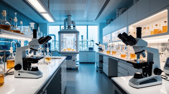 Modern science laboratory with microscopes test tubes and beakers. Clean advanced research facility. Equipment for biotech pharma discovery.