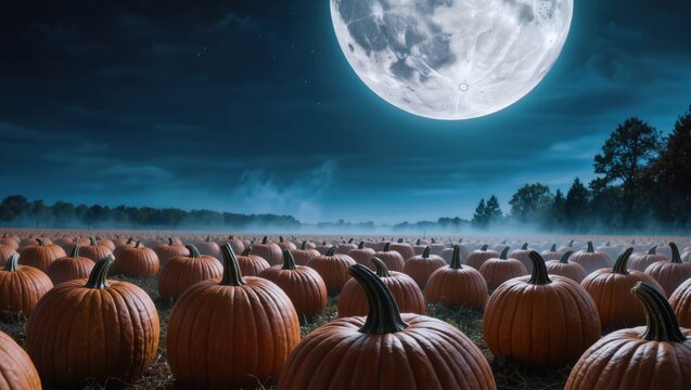 Vast Pumpkin Patch Field under Super Moon Night Sky in Foggy Autumn