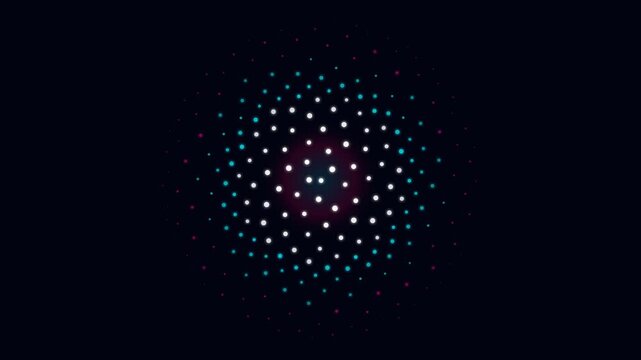Abstract digital spiral formed by glowing white and colorful neon dots