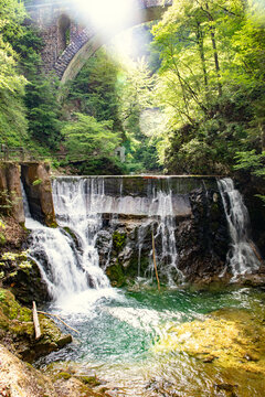 View of the waterfall and stone bridge in Vintgar Gorge surrounded by lush green forest in Bled, Radovljica, Slovenia.