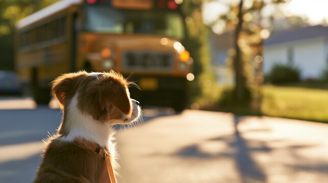 A dog meets a school bus in a raw stylized scene