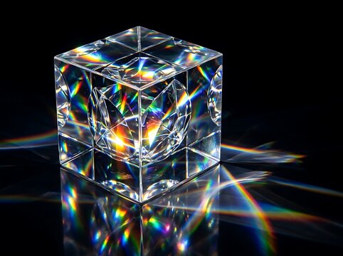 Abstract glass cube with rainbow light dispersion and reflections on a black background.