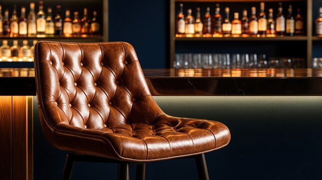 Brown leather bar stool with button tufting sits before a blurred bar backdrop. Bottles and glasses fill shelves behind counter. Elegant pub interior design.