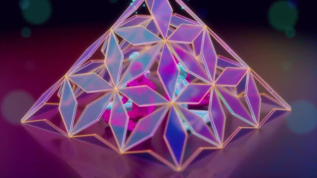 A looping 3D animation of the astral energy of a meditating saint inside a crystal pyramid.