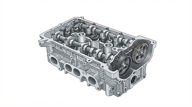 Technical Illustration of Automotive DOHC Cylinder Head with Valvetrain and Timing Chain