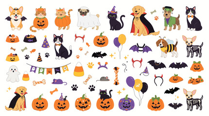 Fototapeta premium Adorable Pets Dressed in Halloween Costumes with Spooky Props and Pumpkin Stickers Set