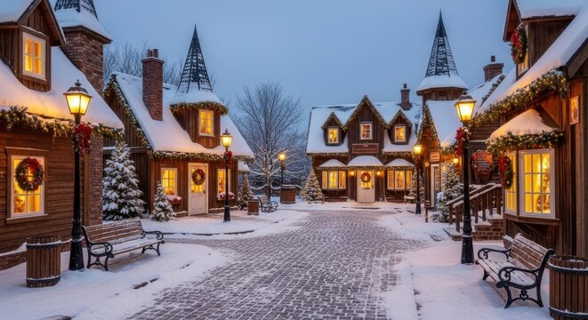 Whimsical winter village scene with illuminated houses and snow-covered streets