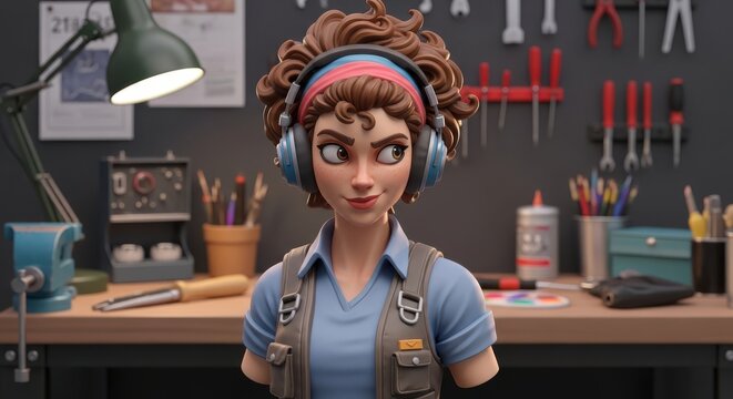 Stylist with floral headpiece in a pixel-art salon setting