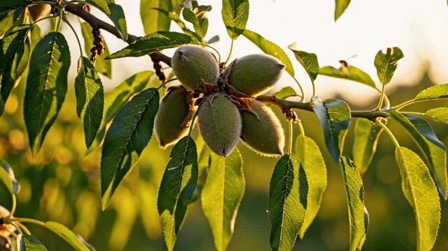 Ripe almonds growing on a tree in sunlight