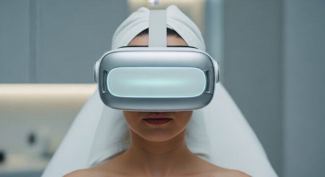 Person experiencing virtual reality with immersive headset in modern bathroom