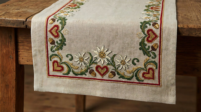 Linen table runner decorated with traditional bavarian embroidered edelweiss flowers, acorns, and heart borders on a vintage wooden background.