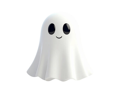 A cute cartoon ghost with black eyes and a smiling mouth, its body draped in a white sheet on a transparent isolated background, PNG