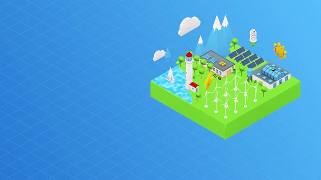 Isometric animation of a sustainable green energy powered smart city.