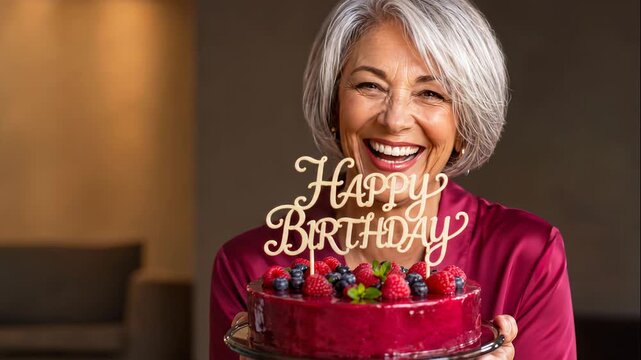  Happy Mature Woman Holding Raspberry and Blueberry Birthday Cake with Decorative Topper