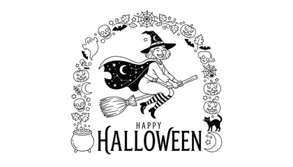 Fototapeta premium Happy halloween coloring page featuring a smiling witch flying on a broomstick inside an arch of spooky icons.