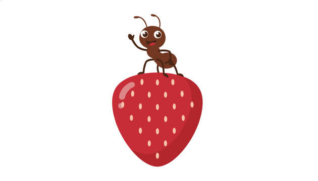 Cute little brown ant waving happily while standing on top of a large red ripe strawberry vector illustration.