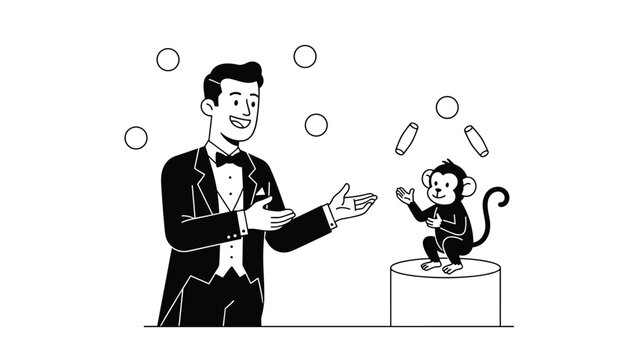 Professional male magician performing a magic show with a cute juggling monkey assistant on a white background.