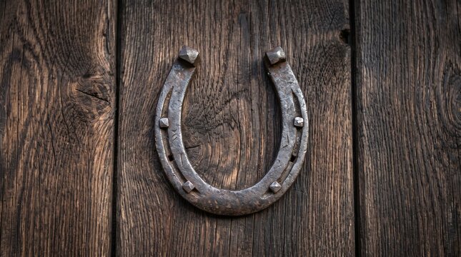 Vintage iron horseshoe on rustic wooden background as a symbol of good luck and protection