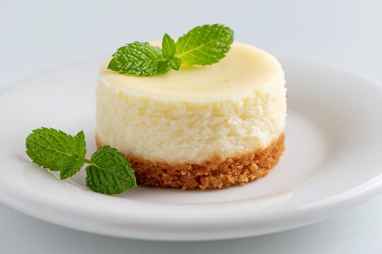 Mini cheesecake with smooth top, no topping, thin mint leaf beside the cake (not on it), white background, extreme minimalist