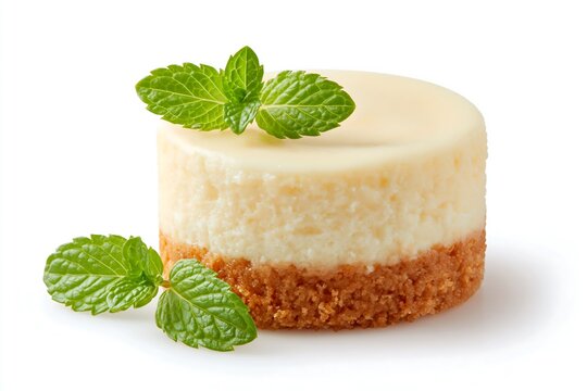 Mini cheesecake with smooth top, no topping, thin mint leaf beside the cake (not on it), white background, extreme minimalist