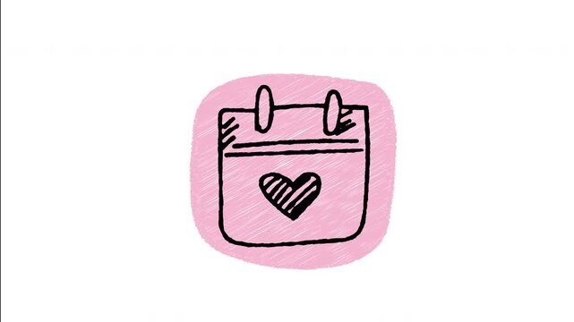 An animated hand-drawn calendar page with a heart marking a special date. Ideal for wedding date announcements, anniversary reminders, Valentine's Day planners, and romantic dates. 