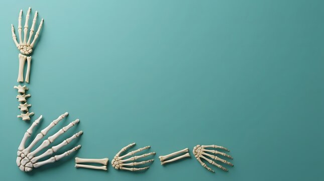 Halloween spooky background with skeleton hands and bones on green surface bone pieces flat lay