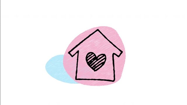 An animated hand-drawn house containing a warm heart inside. Perfect for family warmth, dream homes, real estate for couples, honeymoon houses, and marital bliss.